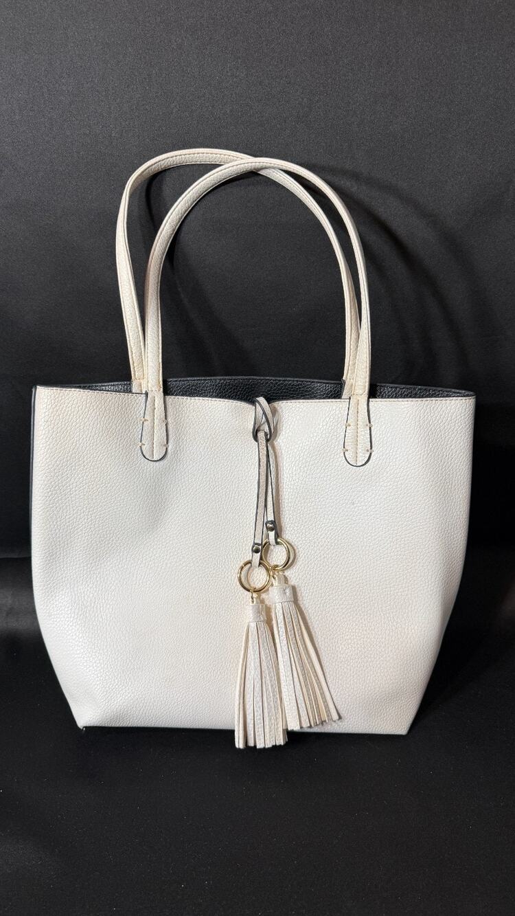 Unbranded Cream Pebbled Faux Leather Studded Tote Shoulder Bag Tassel Large